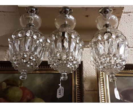 Matching set of 3 cut crystal Ceiling Lights, bowl-shaped tops above 2 garlands of droplets (single light fittings inside), 1