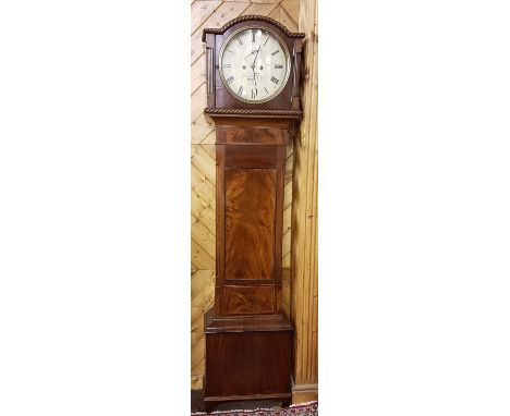 Flame mahogany cased grandfather clock, the circular enamel white dial stamped Timpson, Wexford, with a roped edge above, 83"