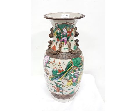 Early 20th C Chinese pottery bulbous vase, decorated with colourful warrior figures (stamped on base) 17"h x 9"w