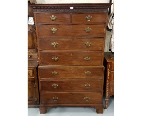 Georgian Mahogany Chest on Chest with Chinese Chippendale fretwork top, brass handles, 2 short drawers, 6 long drawers, 44"w 