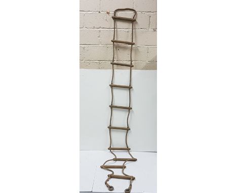 Folding rope-edged Ladder, with 10 oak rungs, extends to 11ft long & a wooden step ladder (2)