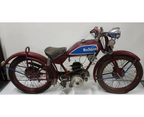 MONET & GOYON Motorbike, complete with tank and engine, numbered 38082, BLOCK C5 tyres, leather covered seat, red painted fin