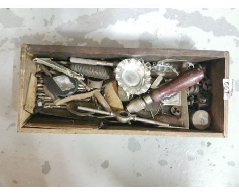 Small box of tools, including taps and dies, drill bits etc