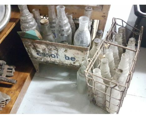 3 crates of motor oil bottles - SHELL OIL, ESSO LUBE, etc (including one ESSO bottle stand)