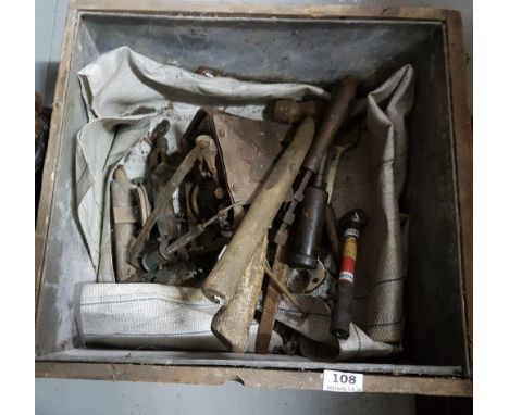 Boxed lot of old tools, hammers, oil gun etc