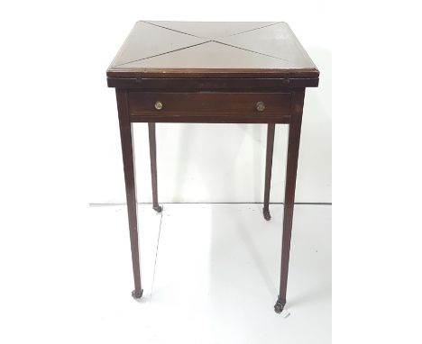 Edw. Inlaid Mahogany Envelope Card Table, with a green beize interior, on tapered legs 20” square x 31”h