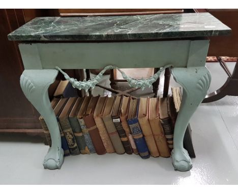 Pine Console Table, painted blue, with a green marble top, 33”w x 13”d x 31”h