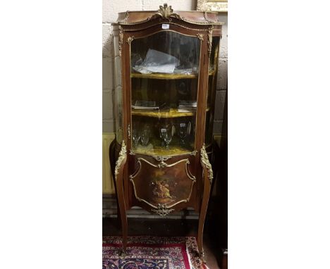 19thC Vernis Martin Display Cabinet, the bow shaped front door enclosing 3 velvet-lined shelves, above a painted classical ro