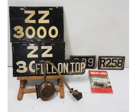 7 old Bus-related collectors’ items - Dublin Bus Bell with pneumatic bell push, 2 fleet number plates, 2 hand painted number 