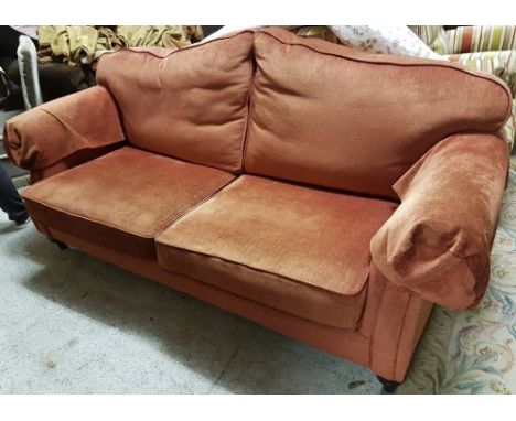 Modern 2-seater Sofa, red velour upholstery, on turned legs