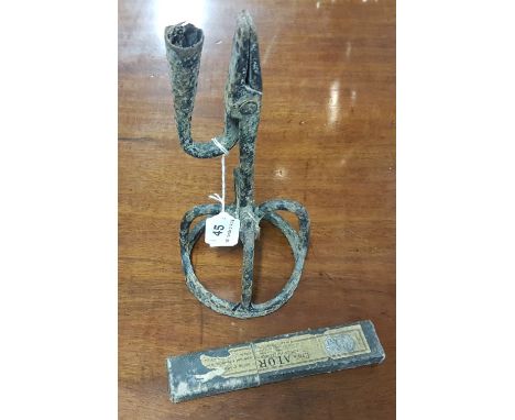 Irish cast iron rush light, with original holder, 11”h and an ATOR cut throat razor (2)