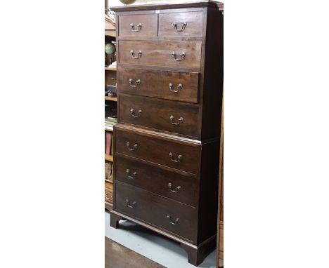 Late 19th C mahogany chest on chest, 2 short drawers over 6 graduating long drawers, brass drop handles, on bracket feet, 40”