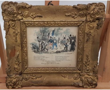 19th Century miniature framed lithograph, "Liberte", 10cm x 11cm, in ornately gilt mounted frame, stamped Lower Sackville St,