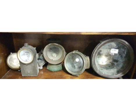 9 various lamps - P & H car, LUCAS KING OF THE ROAD gas lamp, DOMINET battery lamp, large gas lamp, blue cased railway lamp e