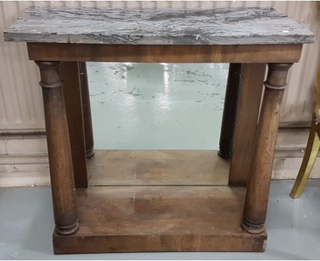 19thC Empire Style Mahogany Console Table, a rectangular grey marble top over two turned pillars and mirrored back, platform 