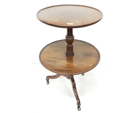 19thC Circular Mahogany Two-Tier Dumbwaiter, the 21” dia. upper shelf over a 24” dia lower shelf, on tripod base with 3 splay