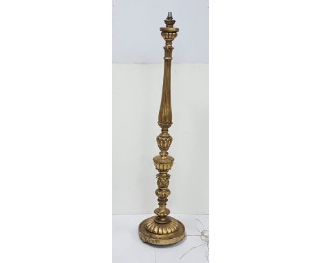Late 19thC carved gilt wood Standard Lamp, electrified, with a fluted column over circular base, 62”h (also a shade)