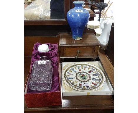 Wedgewood Collector's plate, "Fashion through the Ages", Louis Mulcahy vase and Doulton crystal decanter (3)