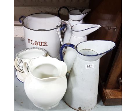 Enamel Ware – 3 Jugs, a Flour Bin, a Pail, plate, potty & a pottery pot and ewer (9)