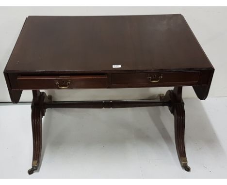 Late 19thC Mahogany Sofa Table, with drop ends, on 4 splayed and reeded legs with brass toes, castors, two apron drawers, (ex