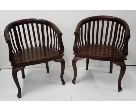 Matching pair of hardwood bow backed conservatory chairs with slatted seats (2)
