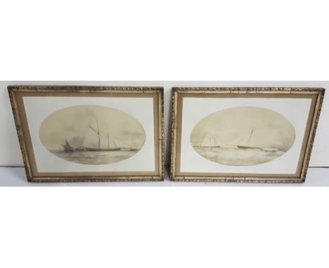 Matching pair of sepia oval mezzotints “Fishing Trawlers”, 30cm x 40cm, mounted, in silvered frames and colour print “Xema” f