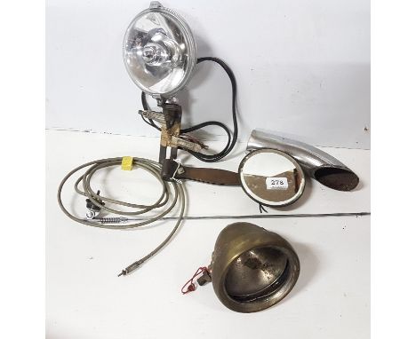 Old car parts - radio aerial, “Stadium” brass framed reflector mirror, Lucas SFT576 headlamp, Lucas RG261 brass headlamp case