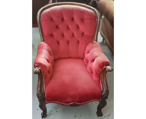 Victorian mahogany framed Armchair, red velvet upholstery, button back, on cabriole front legs