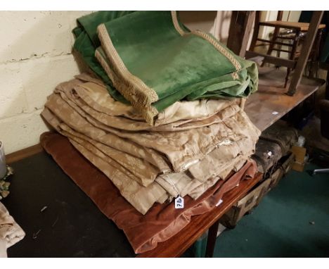 Large bundle of old long curtains – various colours (green, brown etc) and various fabrics (velvet and satin)
