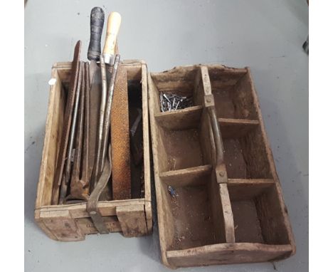 7 Horse related tools - 4 shoe files and 3 metal tongs in a Schweppes wooden box and also a 6 compartment wooden tool box (8)