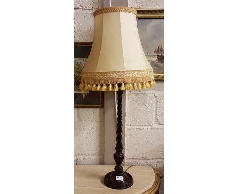 Mahogany Table Lamp, with a tall barley twist column, also a cream shade