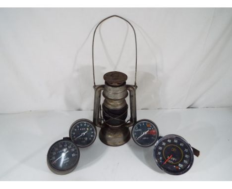 Motoring - four tachometers to include Smiths, Yamaha and two Nippon Seiki and a vintage lamp. Estimate £20 - £40
