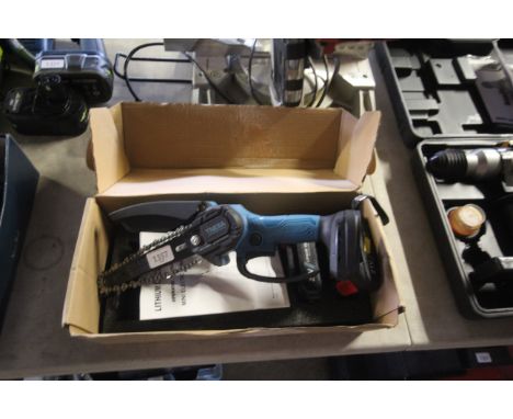 A TNEIIA 8" cordless handheld chainsaw, two 21V batteries, battery charger and instruction guide, in original packaging