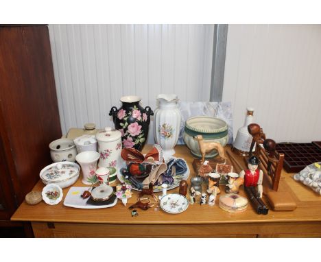 A wooden pipe rack, a wooden puppet, various decorative china etc. 