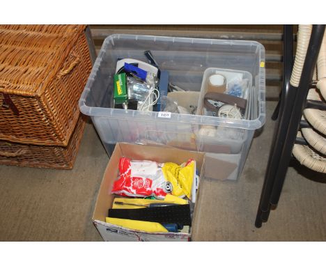 Two boxes containing various items to include a Stanley chisel set, extension lead, light fittings etc.