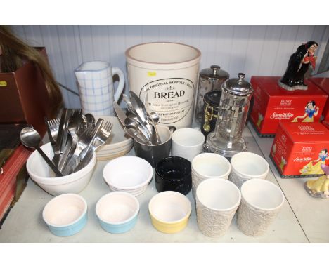 A Henry Watson pottery crock, various kitchenalia to include cafetières, cutlery etc.