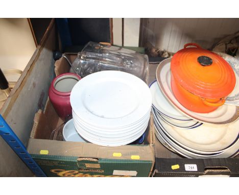 Two boxes containing miscellaneous meat plates, dinner plates, kitchenalia etc.