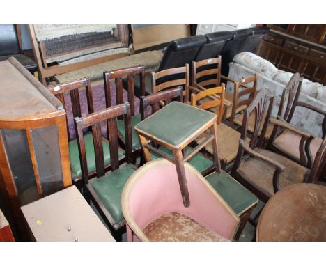 A set of four oak slat back dining chairs, two stools and a loom armchair