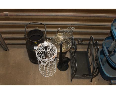 A vintage style milk churn - lacking lid, a quantity of various wirework in the form of a bird cage, a chicken, giraffe ornam