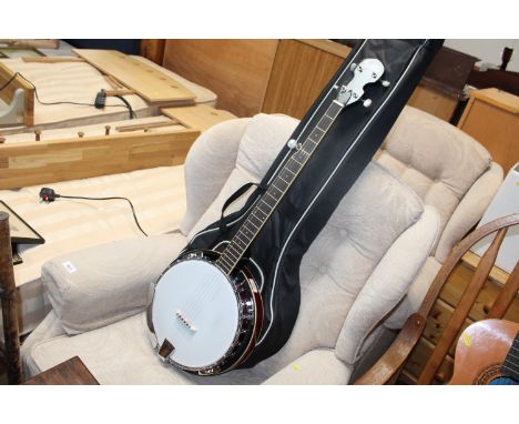 A Glarry five string banjo with carrying bag