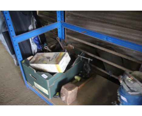 A box containing various tools to include a Powerline Glass engraver, wooden mallet, pipe clamp etc.