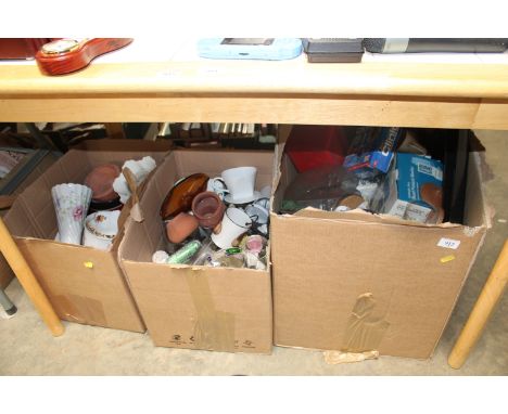 Three boxes of miscellaneous china, glass and kitchenalia 