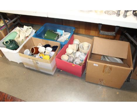 Five boxes of miscellaneous kitchenalia, dinner and tea ware etc. 