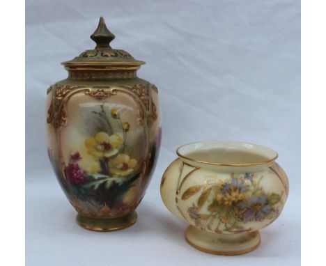A Royal Worcester porcelain squat vase, transfer and infil decorated with garden flowers to an ivory ground, puce mark and da