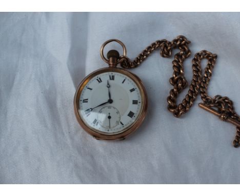 A 9ct yellow gold keyless wound open faced pocket watch, the circular dial with Roman numerals and a seconds subsidiary dial 