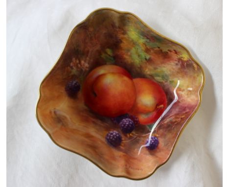 A Royal Worcester porcelain shallow dish of square form painted with peaches and blackberries to a naturalistic background, s