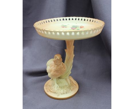 A Royal Worcester porcelain tazza, the pierced bowl transfer and infil decorated with flowers, the base moulded with a partri