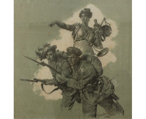 Fortunino Matania, a handkerchief depicting an Italian and a British soldier with the figure of Victory behind them, 31 x 31c