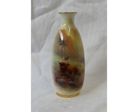A Royal Worcester porcelain vase painted with Highland cattle to an ivory ground, signed by H Stinton, shape No. 2491, puce m