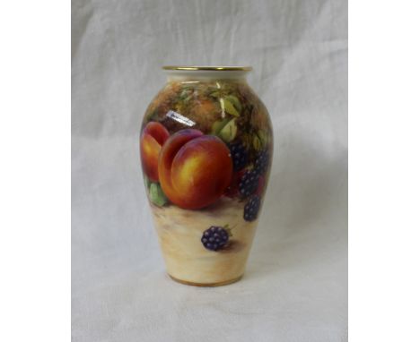 A Royal worcester porcelain vase painted with peaches and blackberries to an ivory ground, signed P Lewis, Black printed mark